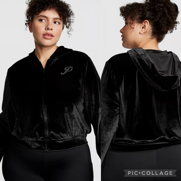 PINK Victoria's Secret Tops - PINK VELOUR SHINE LOGO FULL-ZIP CROP HOODIE